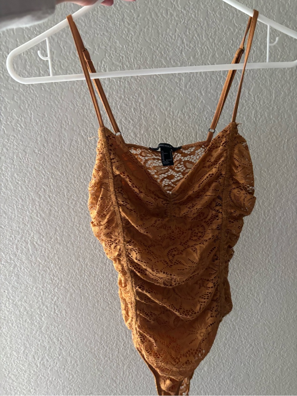 Forever 21 Mustard Lace Ruched Cami Bodysuit with Adjustable Straps